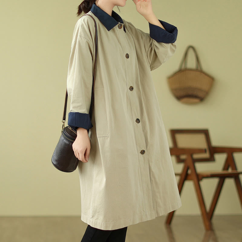 Buddha Stones Splicing Color Buttons Women's Cotton Coat With Pockets