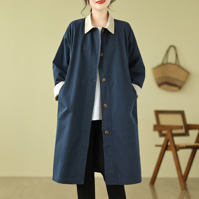 Buddha Stones Splicing Color Buttons Women's Cotton Coat With Pockets