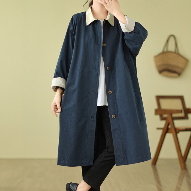 Buddha Stones Splicing Color Buttons Women's Cotton Coat With Pockets
