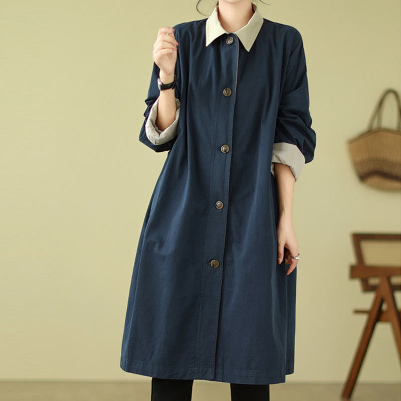 Buddha Stones Splicing Color Buttons Women's Cotton Coat With Pockets