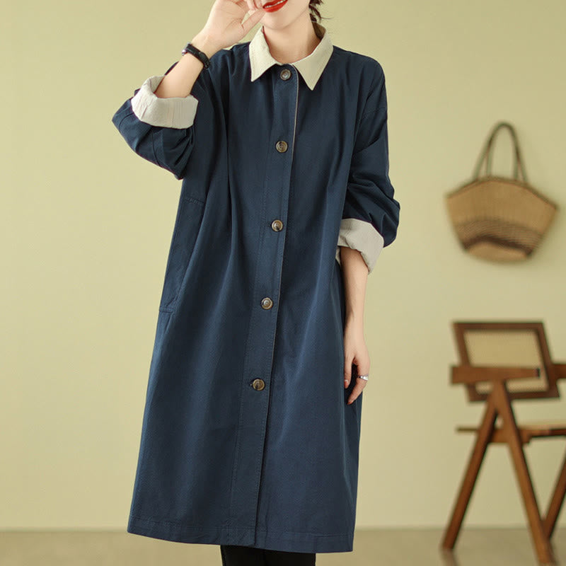 Buddha Stones Splicing Color Buttons Women's Cotton Coat With Pockets