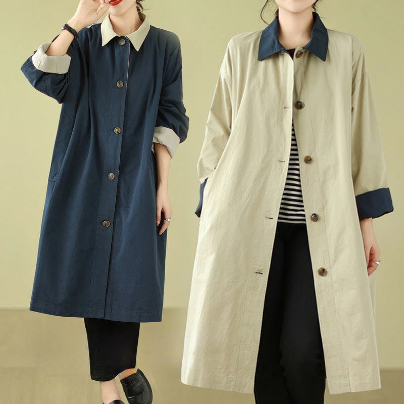 Buddha Stones Splicing Color Buttons Women's Cotton Coat With Pockets