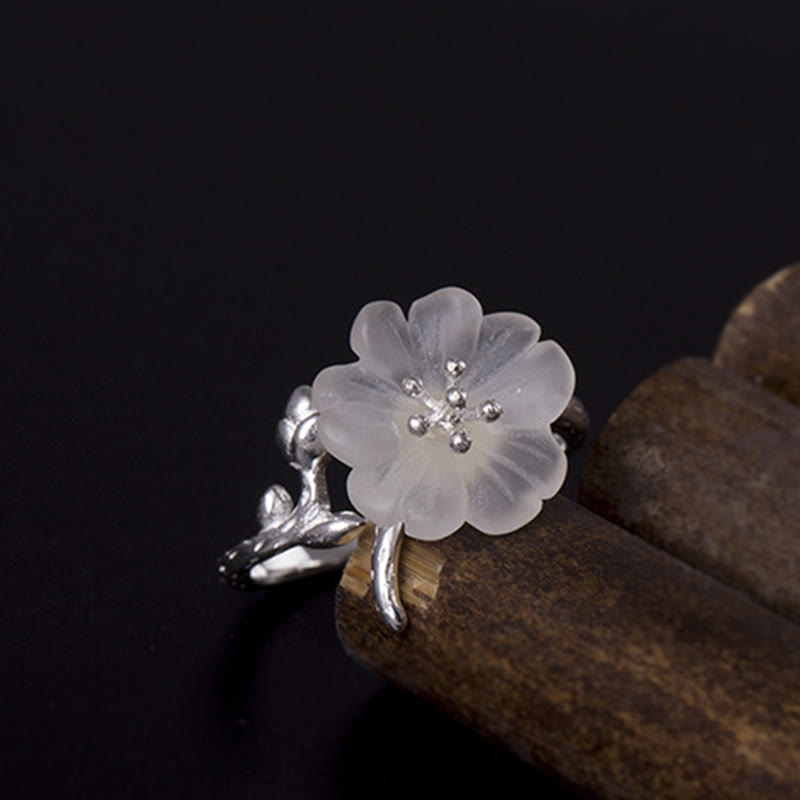 Buddha Stones Natural White Crystal Flower 925 Sterling Silver Adjustable Healing Ring