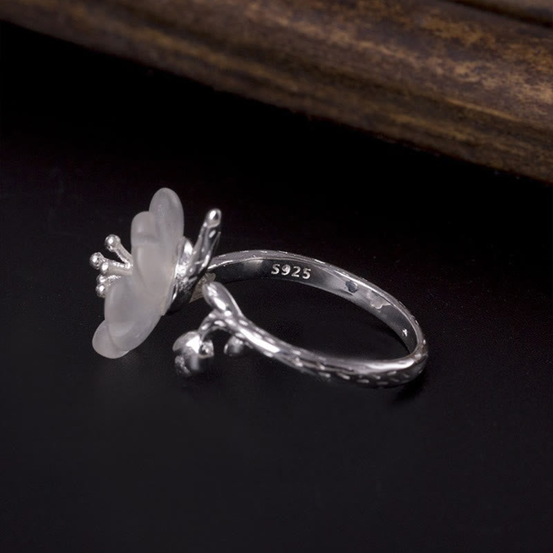 Buddha Stones Natural White Crystal Flower 925 Sterling Silver Adjustable Healing Ring