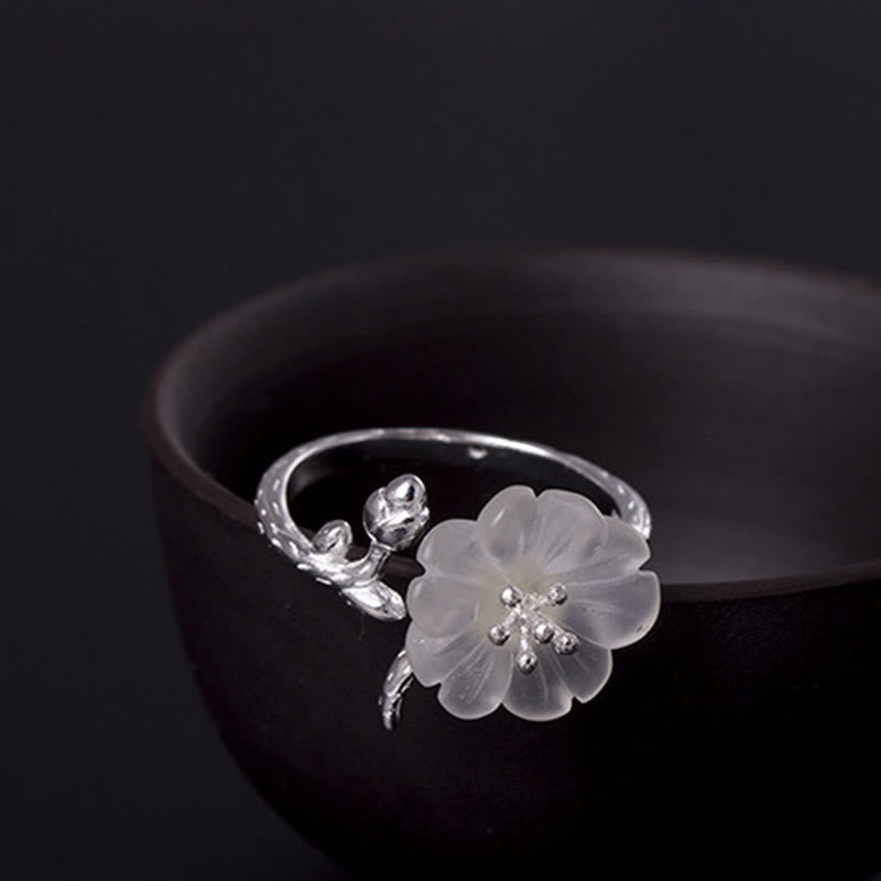Buddha Stones Natural White Crystal Flower 925 Sterling Silver Adjustable Healing Ring
