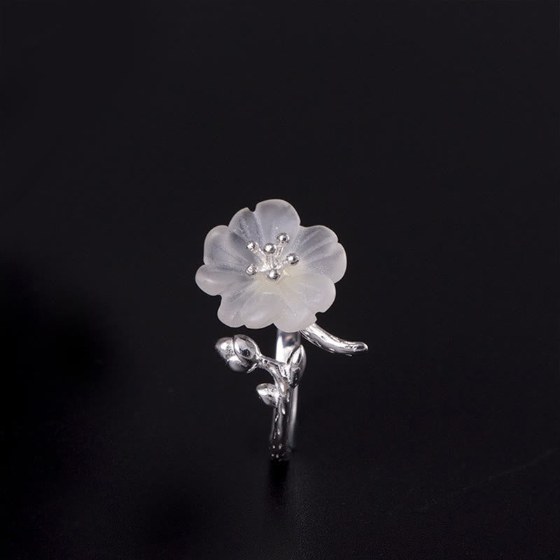 Buddha Stones Natural White Crystal Flower 925 Sterling Silver Adjustable Healing Ring