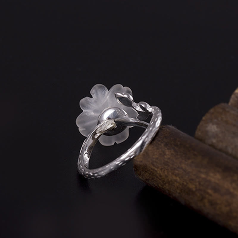 Buddha Stones Natural White Crystal Flower 925 Sterling Silver Adjustable Healing Ring