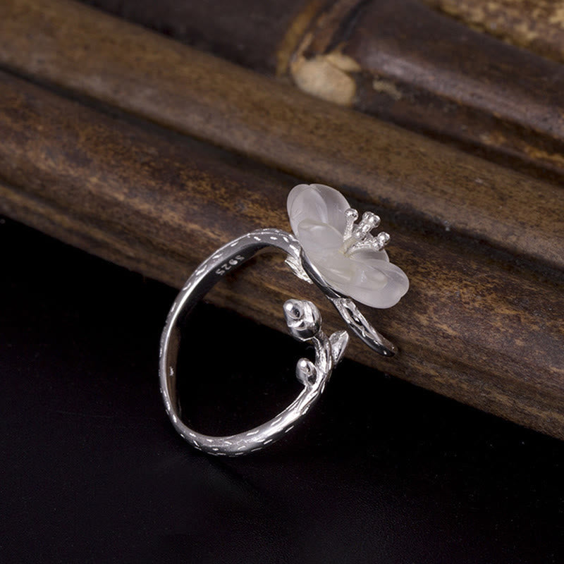 Buddha Stones Natural White Crystal Flower 925 Sterling Silver Adjustable Healing Ring