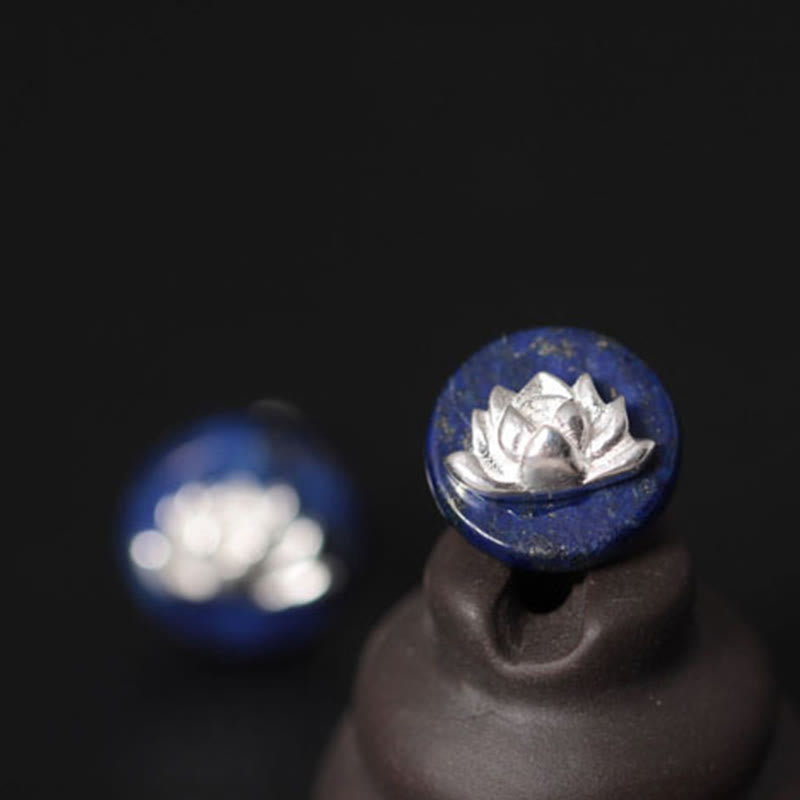 Buddha Stones Lazurite 925 Sterling Silver Lotus Pattern Enlightenment Earrings