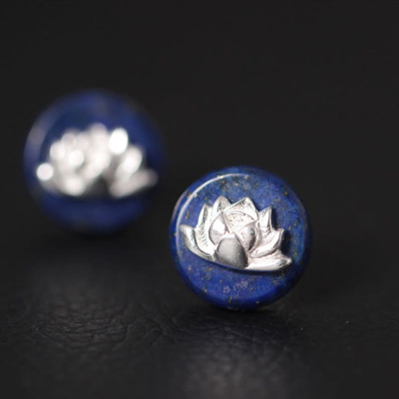 Buddha Stones Lazurite 925 Sterling Silver Lotus Pattern Enlightenment Earrings