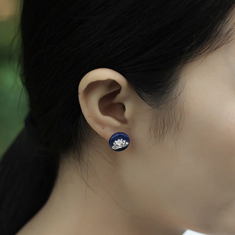 Buddha Stones Lazurite 925 Sterling Silver Lotus Pattern Enlightenment Earrings