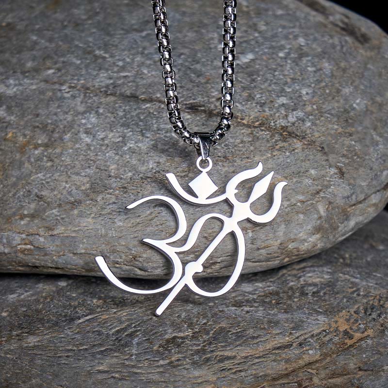 Buddha Stones Trident OM Symbol Stainless Steel Connection Necklace Pendant