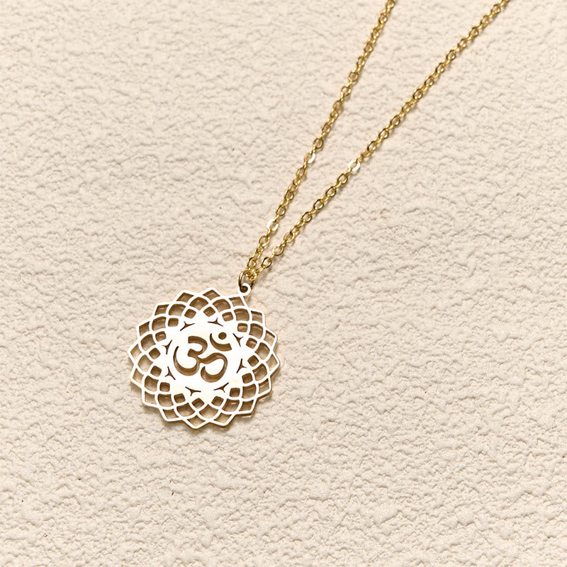 Buddha Stones Hollow Lotus Design Om Symbol Stainless Steel Connection Necklace Pendant