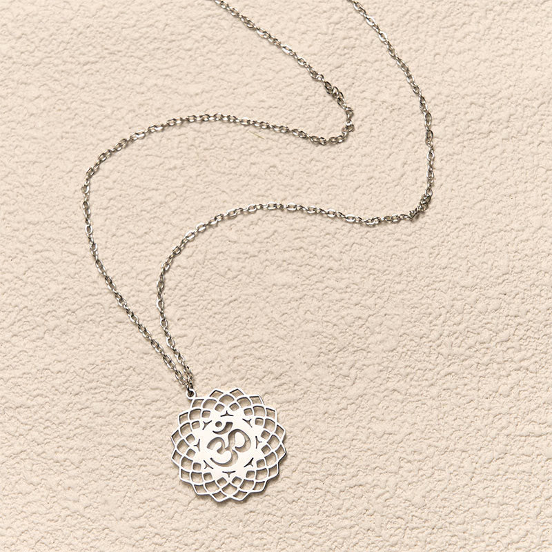 Buddha Stones Hollow Lotus Design Om Symbol Stainless Steel Connection Necklace Pendant