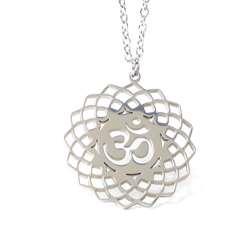 Buddha Stones Hollow Lotus Design Om Symbol Stainless Steel Connection Necklace Pendant