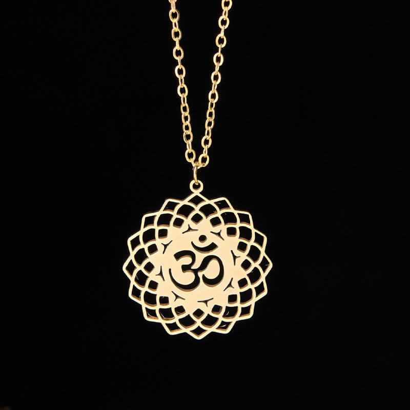 Buddha Stones Hollow Lotus Design Om Symbol Stainless Steel Connection Necklace Pendant