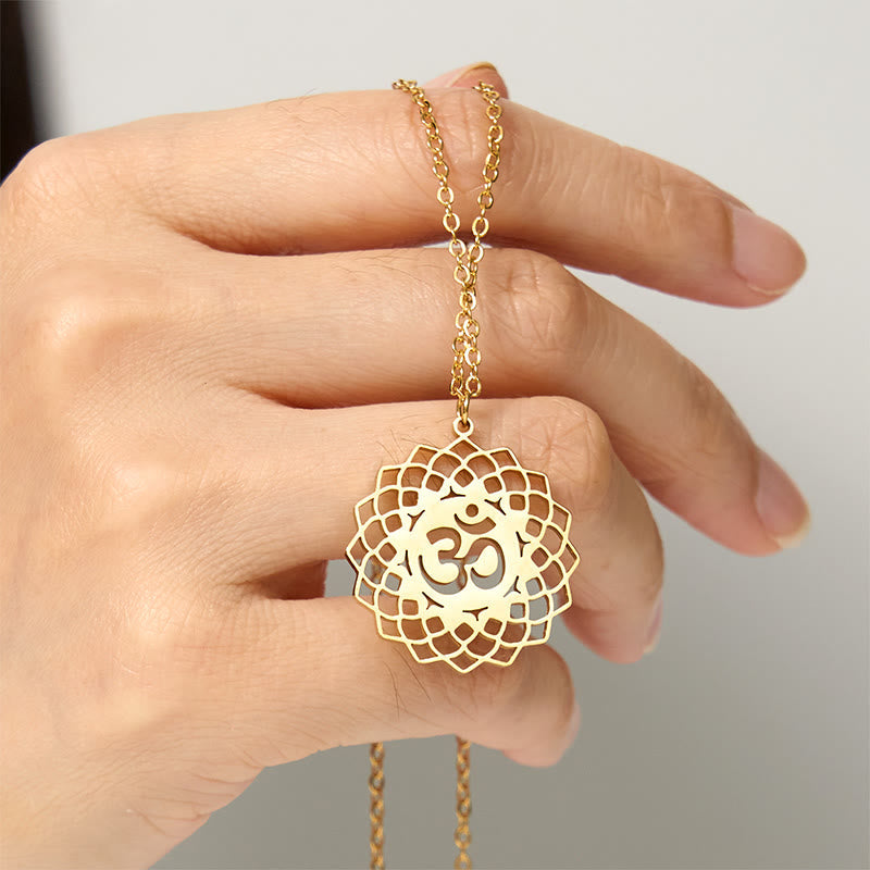 Buddha Stones Hollow Lotus Design Om Symbol Stainless Steel Connection Necklace Pendant