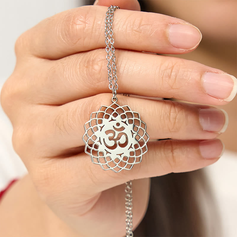 Buddha Stones Hollow Lotus Design Om Symbol Stainless Steel Connection Necklace Pendant