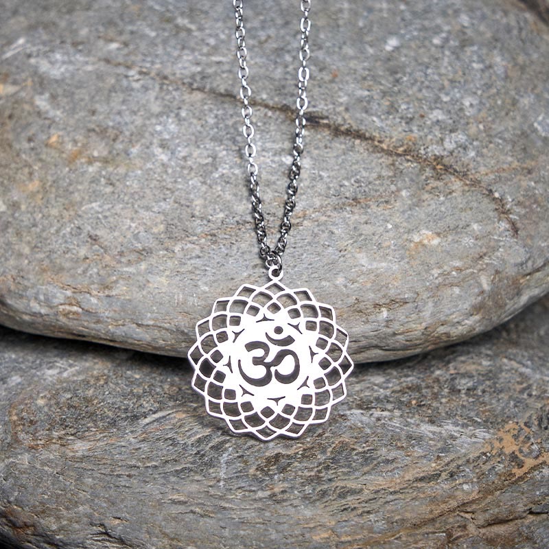Buddha Stones Hollow Lotus Design Om Symbol Stainless Steel Connection Necklace Pendant