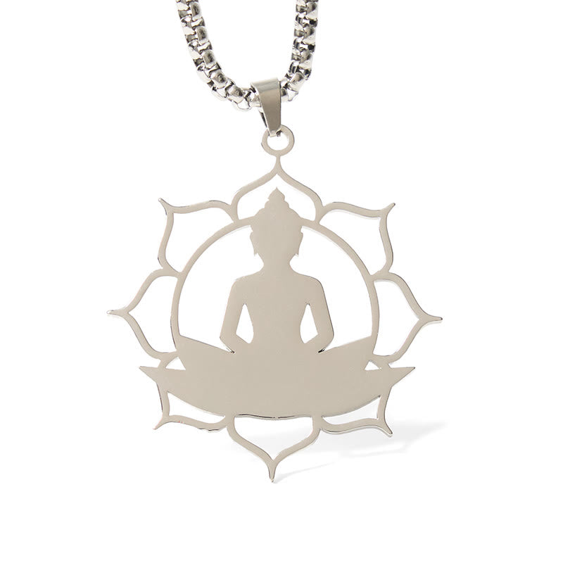 Buddha Stones Vintage Lotus Sitting Buddha Design Stainless Steel Enlightenment Necklace Pendant