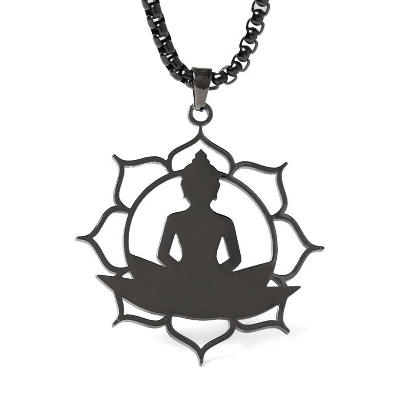 Buddha Stones Vintage Lotus Sitting Buddha Design Stainless Steel Enlightenment Necklace Pendant