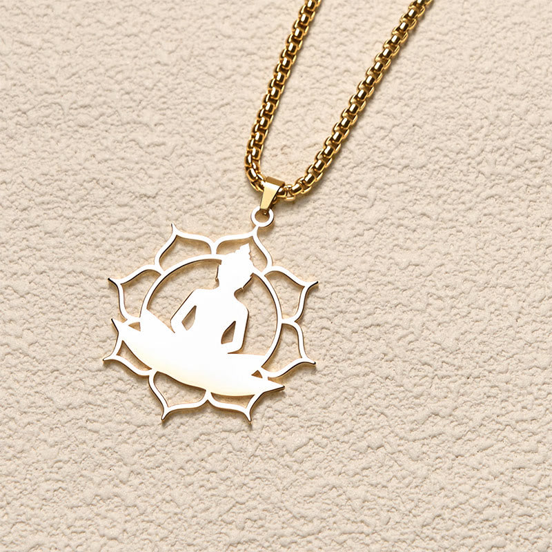 Buddha Stones Vintage Lotus Sitting Buddha Design Stainless Steel Enlightenment Necklace Pendant