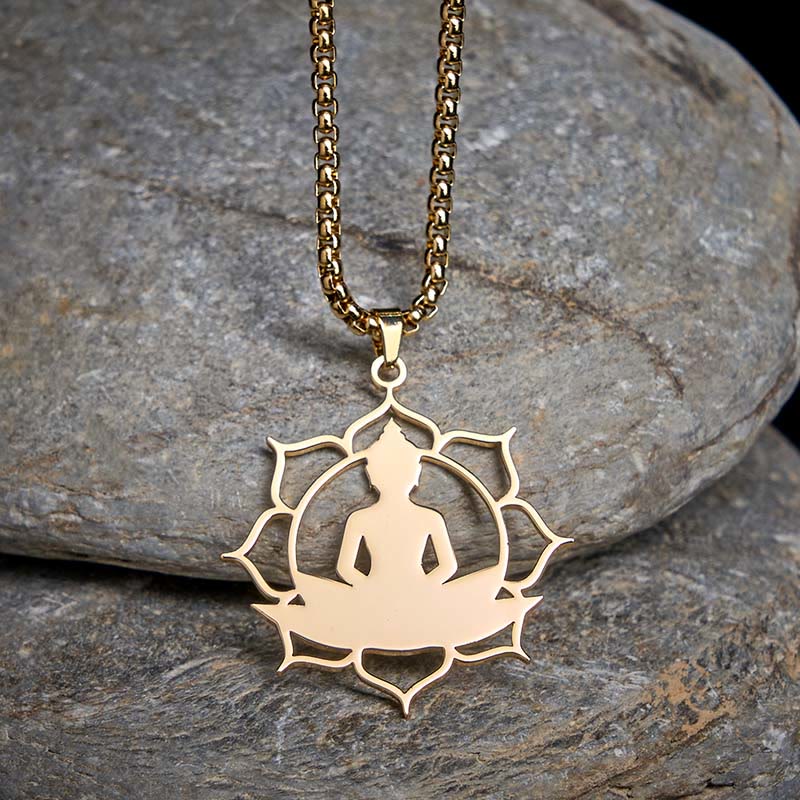 Buddha Stones Vintage Lotus Sitting Buddha Design Stainless Steel Enlightenment Necklace Pendant