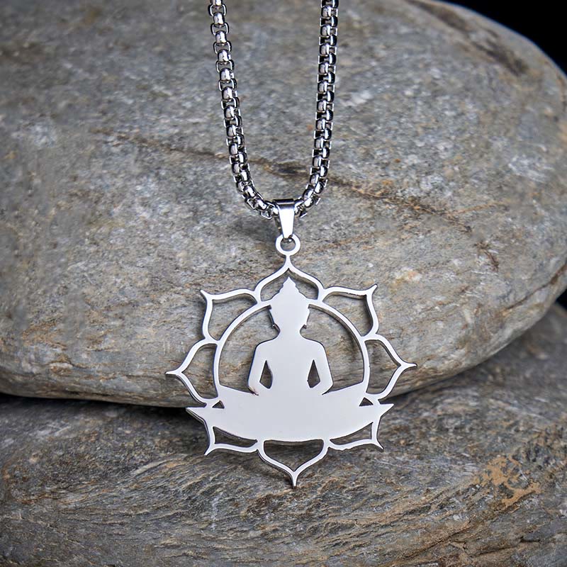 Buddha Stones Vintage Lotus Sitting Buddha Design Stainless Steel Enlightenment Necklace Pendant