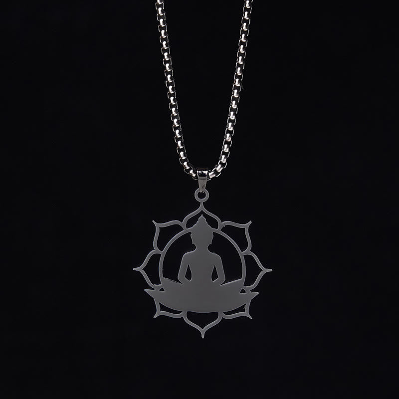 Buddha Stones Vintage Lotus Sitting Buddha Design Stainless Steel Enlightenment Necklace Pendant