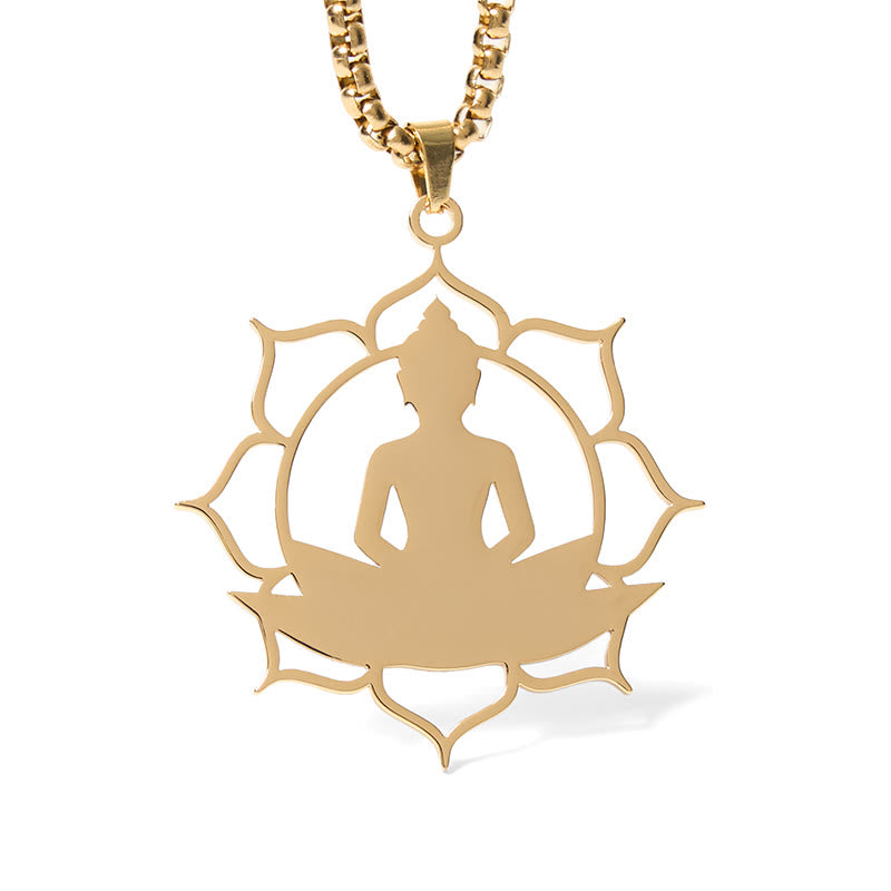 Buddha Stones Vintage Lotus Sitting Buddha Design Stainless Steel Enlightenment Necklace Pendant