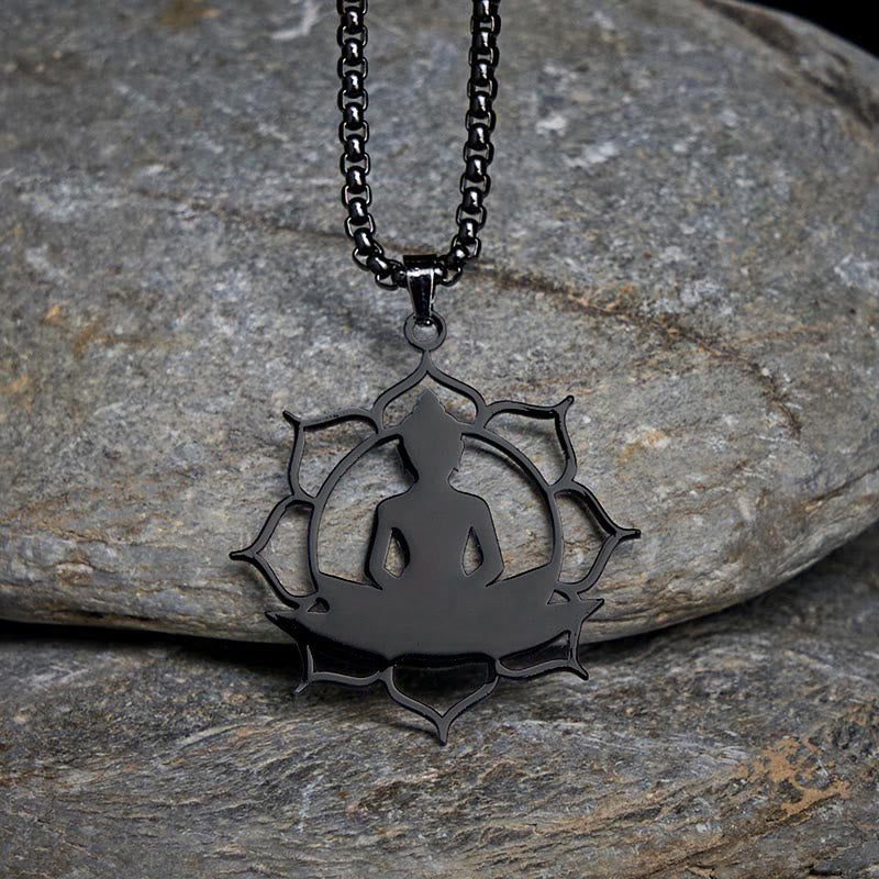 Buddha Stones Vintage Lotus Sitting Buddha Design Stainless Steel Enlightenment Necklace Pendant