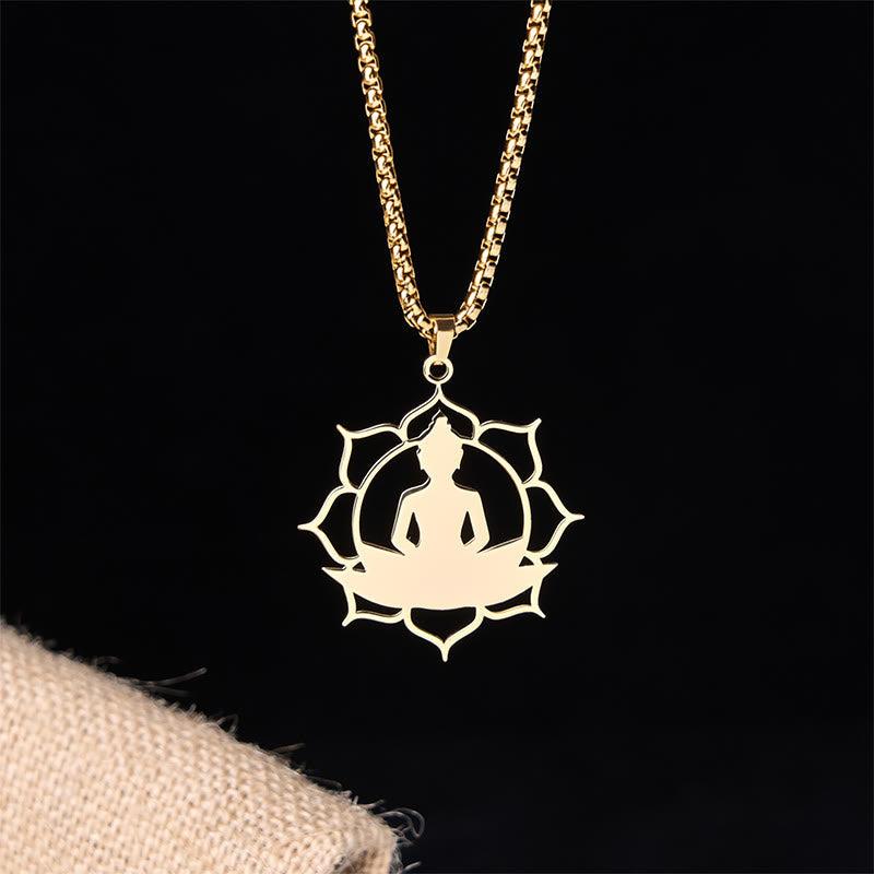 Buddha Stones Vintage Lotus Sitting Buddha Design Stainless Steel Enlightenment Necklace Pendant