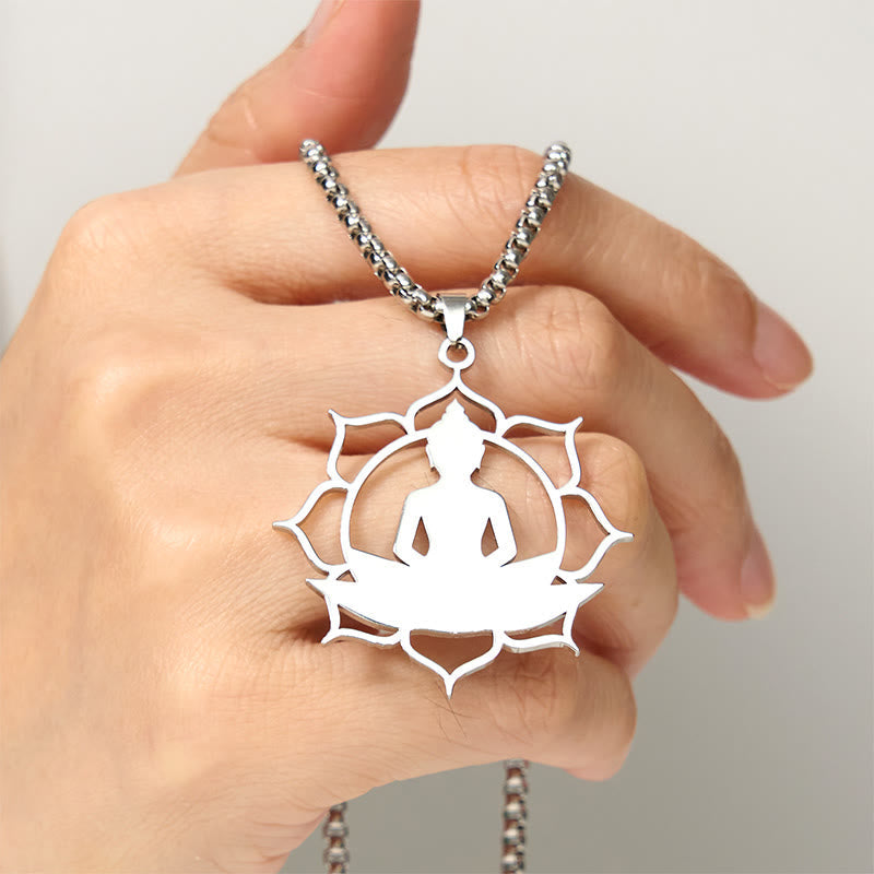 Buddha Stones Vintage Lotus Sitting Buddha Design Stainless Steel Enlightenment Necklace Pendant