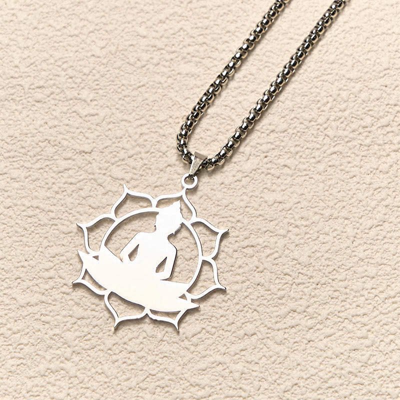 Buddha Stones Vintage Lotus Sitting Buddha Design Stainless Steel Enlightenment Necklace Pendant