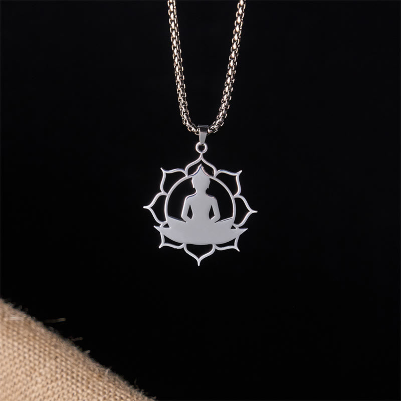 Buddha Stones Vintage Lotus Sitting Buddha Design Stainless Steel Enlightenment Necklace Pendant
