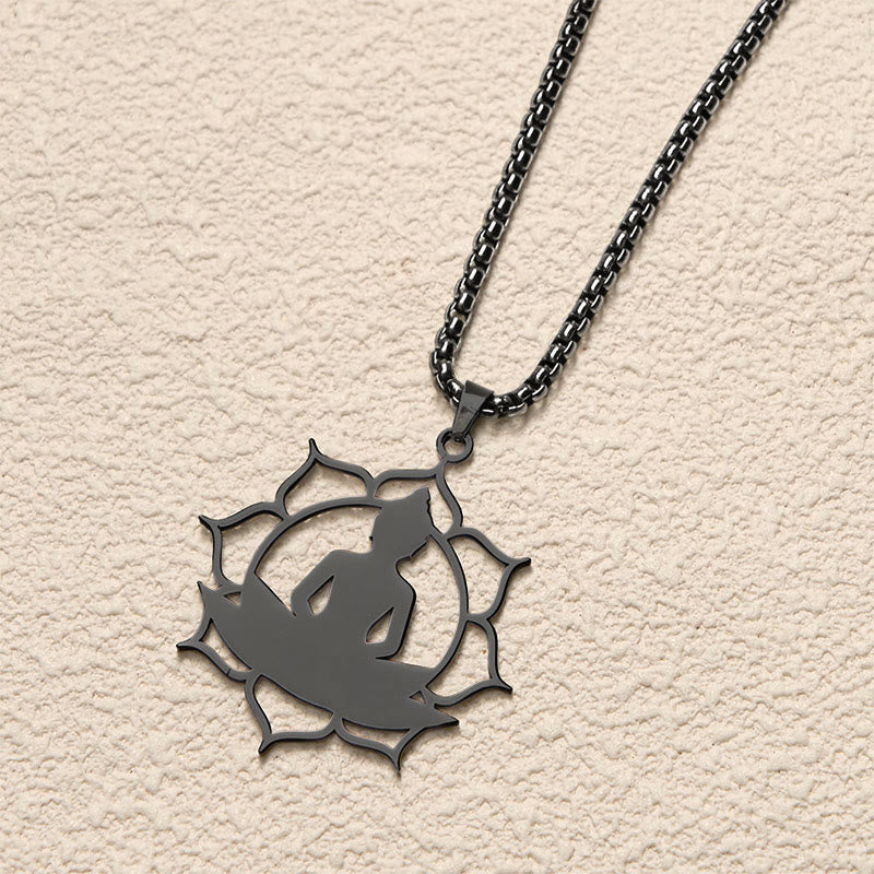 Buddha Stones Vintage Lotus Sitting Buddha Design Stainless Steel Enlightenment Necklace Pendant