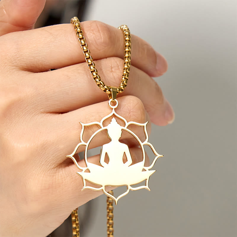 Buddha Stones Vintage Lotus Sitting Buddha Design Stainless Steel Enlightenment Necklace Pendant