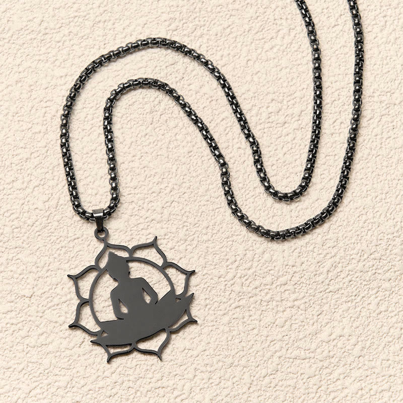 Buddha Stones Vintage Lotus Sitting Buddha Design Stainless Steel Enlightenment Necklace Pendant