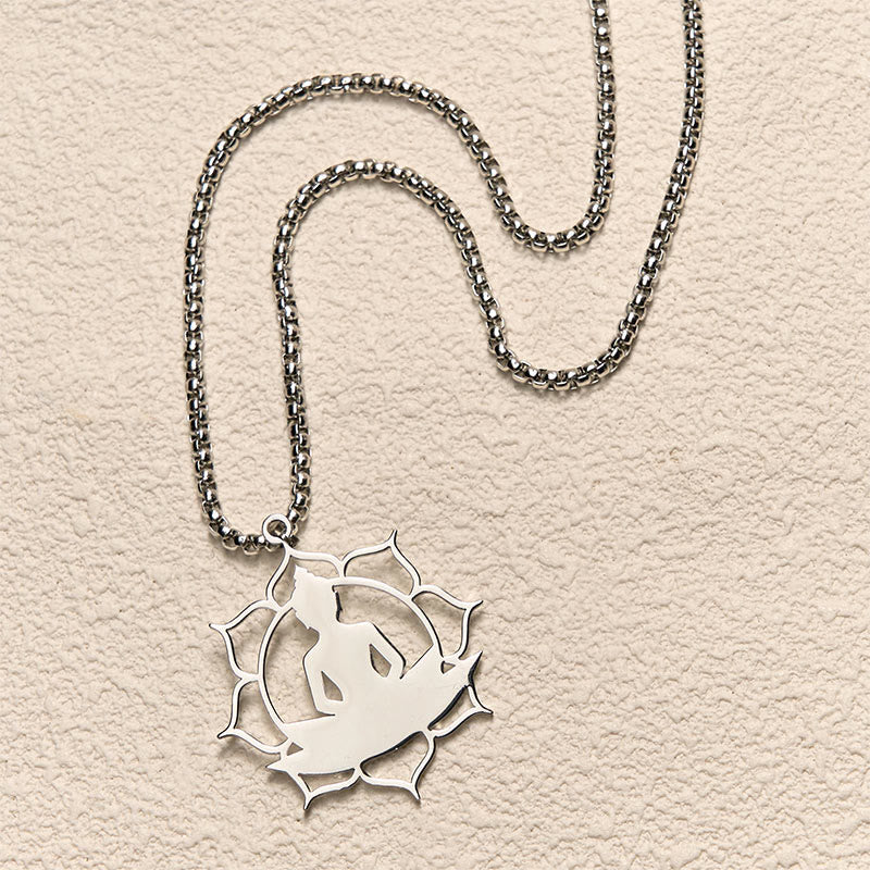 Buddha Stones Vintage Lotus Sitting Buddha Design Stainless Steel Enlightenment Necklace Pendant