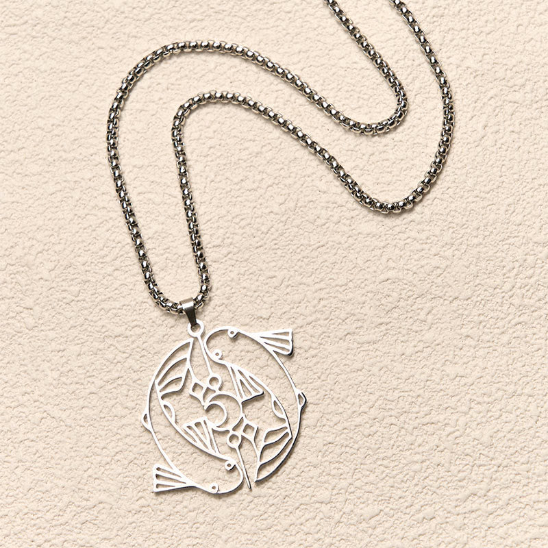 Buddha Stones Vintage Koi Fish Hollow Design Stainless Steel Luck Necklace Pendant