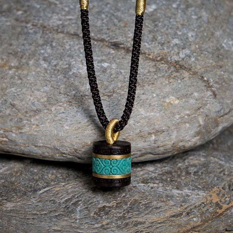 Buddha Stones Ebony Wood Turquoise Cylinder Peace Necklace Pendant