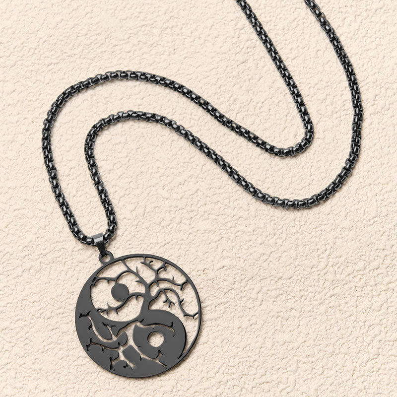 Buddha Stones Branches Hollow Yin Yang Design Stainless Steel Balance Necklace Pendant