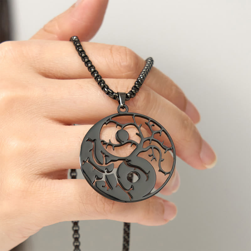 Buddha Stones Branches Hollow Yin Yang Design Stainless Steel Balance Necklace Pendant