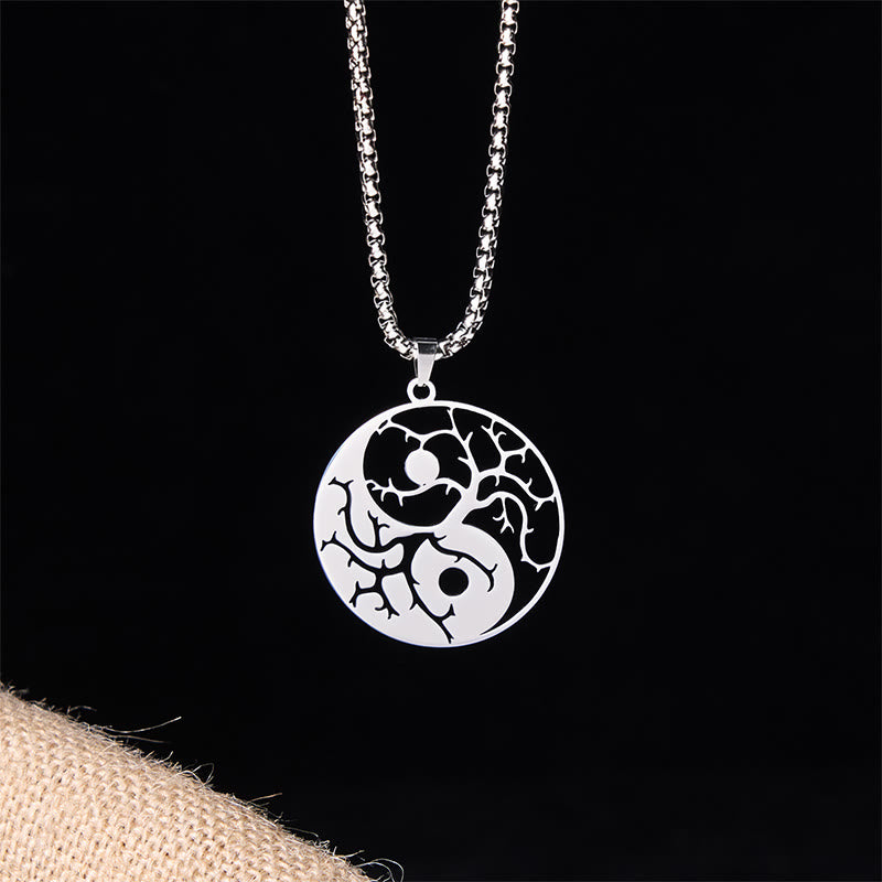 Buddha Stones Branches Hollow Yin Yang Design Stainless Steel Balance Necklace Pendant