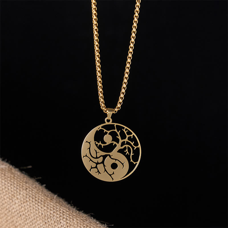 Buddha Stones Branches Hollow Yin Yang Design Stainless Steel Balance Necklace Pendant