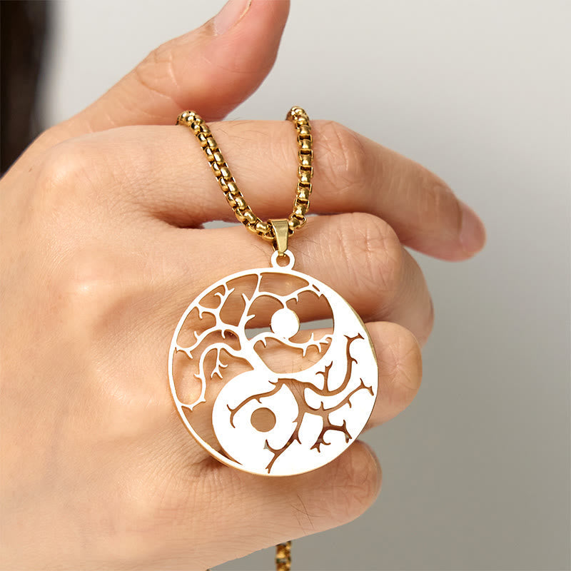 Buddha Stones Branches Hollow Yin Yang Design Stainless Steel Balance Necklace Pendant