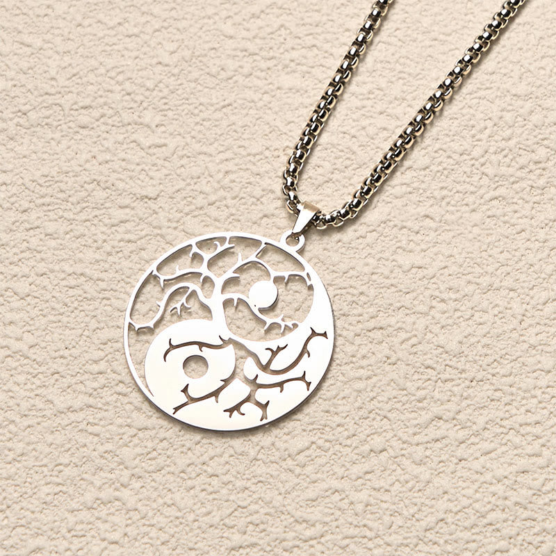 Buddha Stones Branches Hollow Yin Yang Design Stainless Steel Balance Necklace Pendant