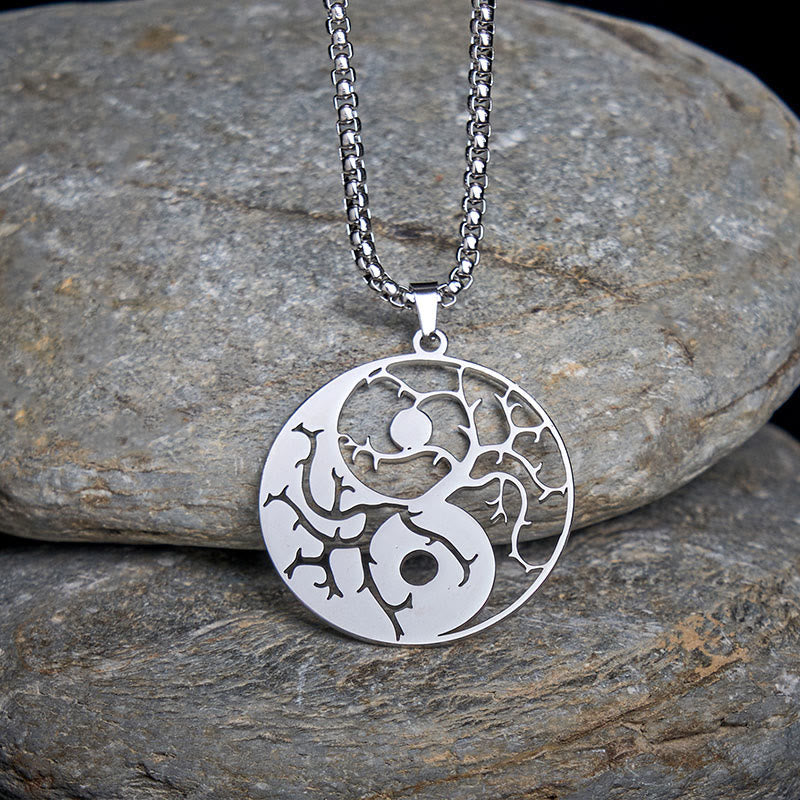 Buddha Stones Branches Hollow Yin Yang Design Stainless Steel Balance Necklace Pendant