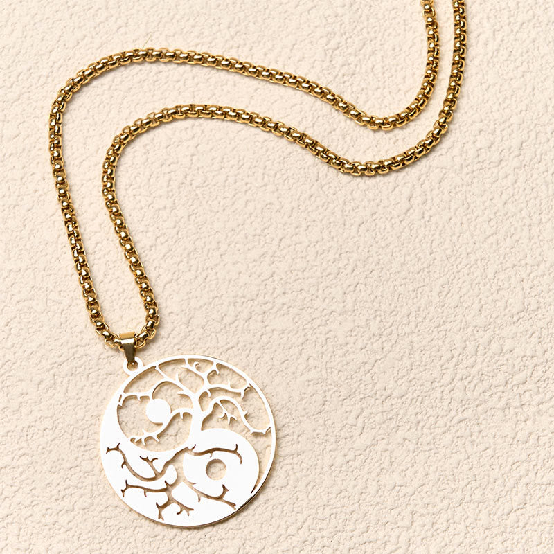 Buddha Stones Branches Hollow Yin Yang Design Stainless Steel Balance Necklace Pendant