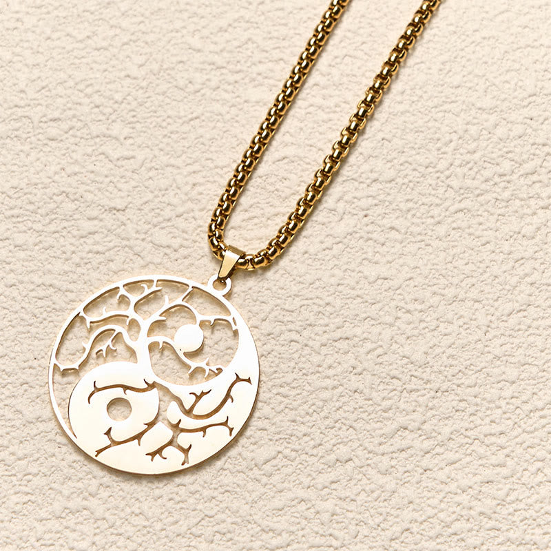 Buddha Stones Branches Hollow Yin Yang Design Stainless Steel Balance Necklace Pendant